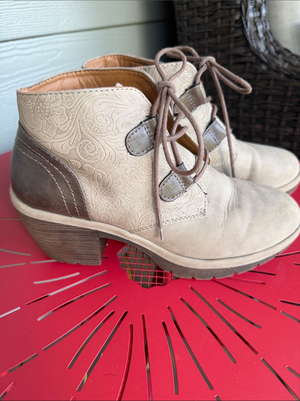 Embossed Lace-Up Taupe Ankle Booties - Women
